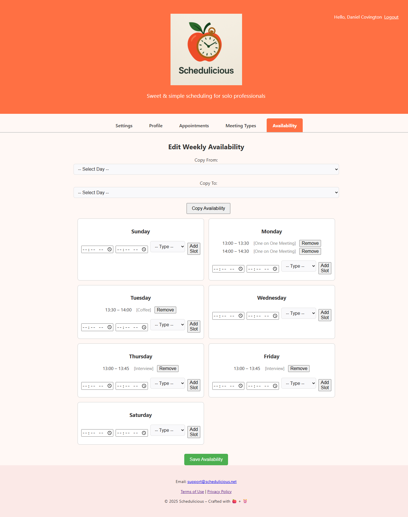 Availability editor showing time slots and time zones